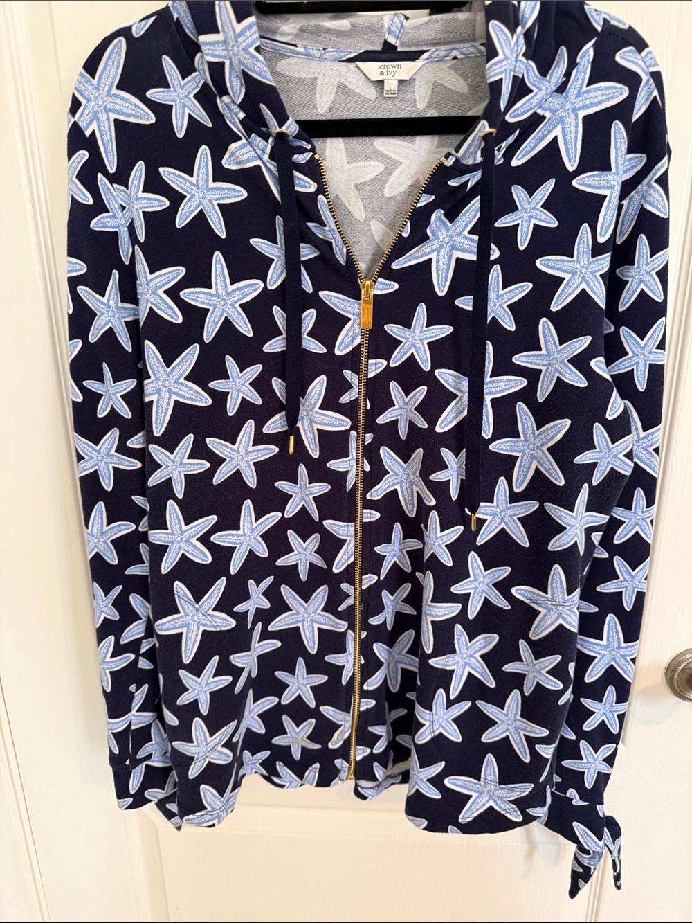 crown & ivy Navy Hoodie with Light Blue Starfish Print